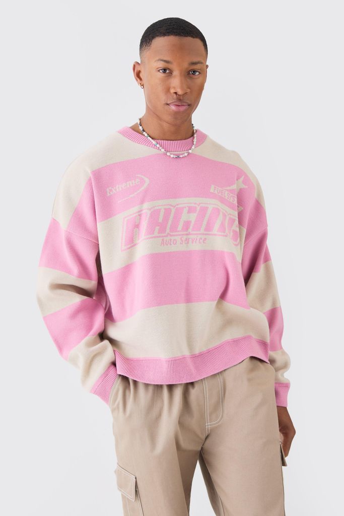 Men's Oversized Boxy Drop Shoulder Moto Knit Jumper - Pink - S, Pink
