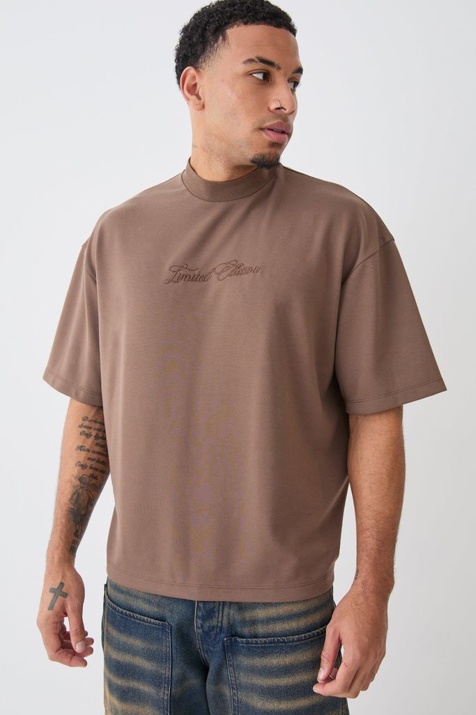 Men's Oversized Boxy Premium Super Heavyweight Embroidered T-Shirt - Brown - S, Brown