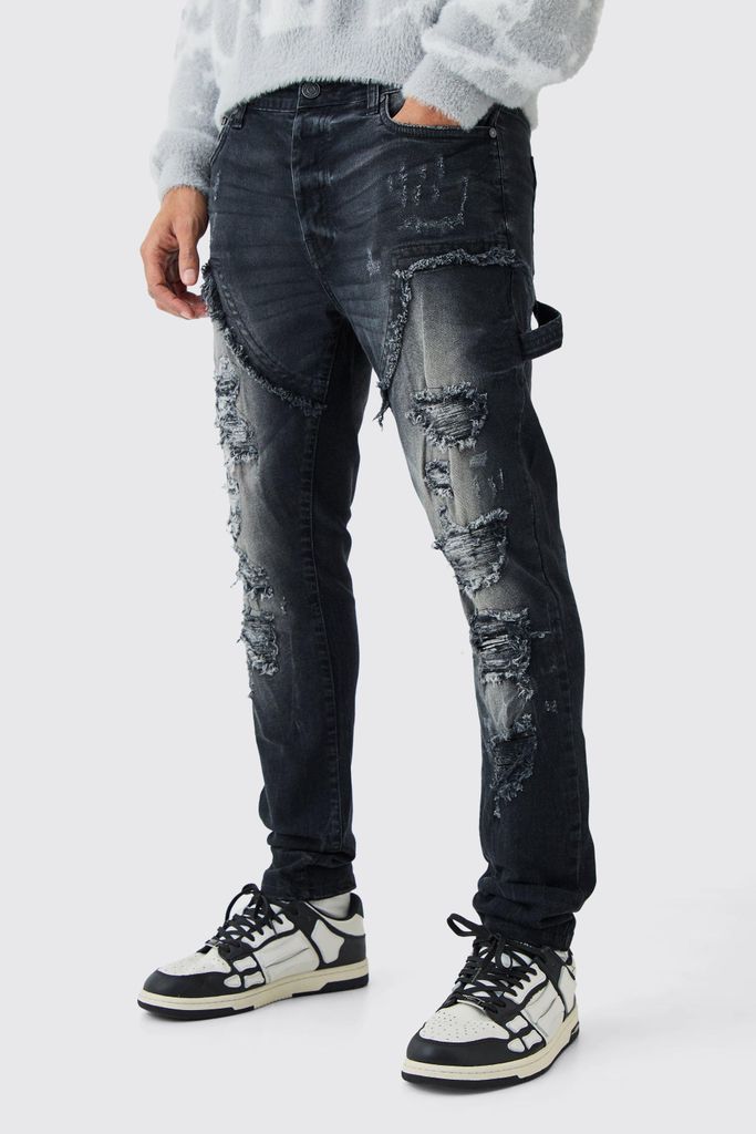 Men's Skinny Stretch Multi Rip Carpenter Jeans In Washed Black - 28R, Black