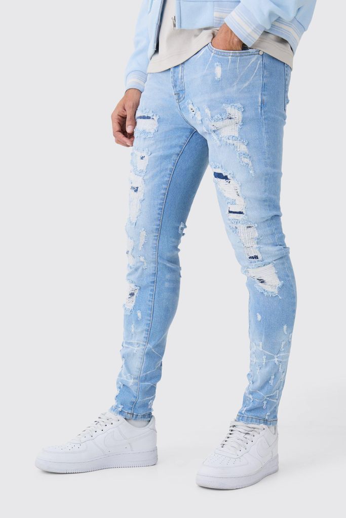 Men's Skinny Stretch Multi Rip Jeans In Light Blue - 28R, Blue
