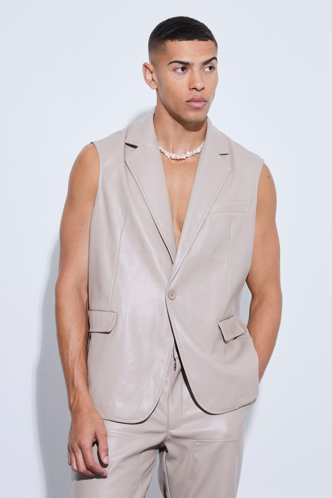 Men's Sleeveless Pu Single Breasted Suit Jacket - Beige - 34, Beige