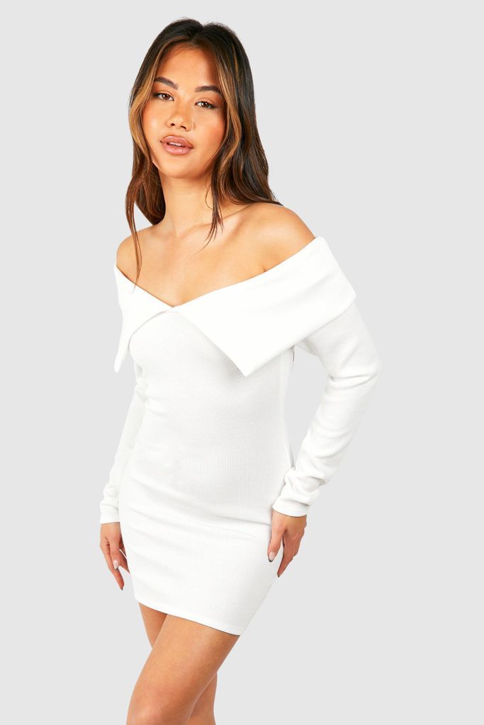 Womens Bardot Heavy Rib Long Sleeve Mini Dress - White - 8, White