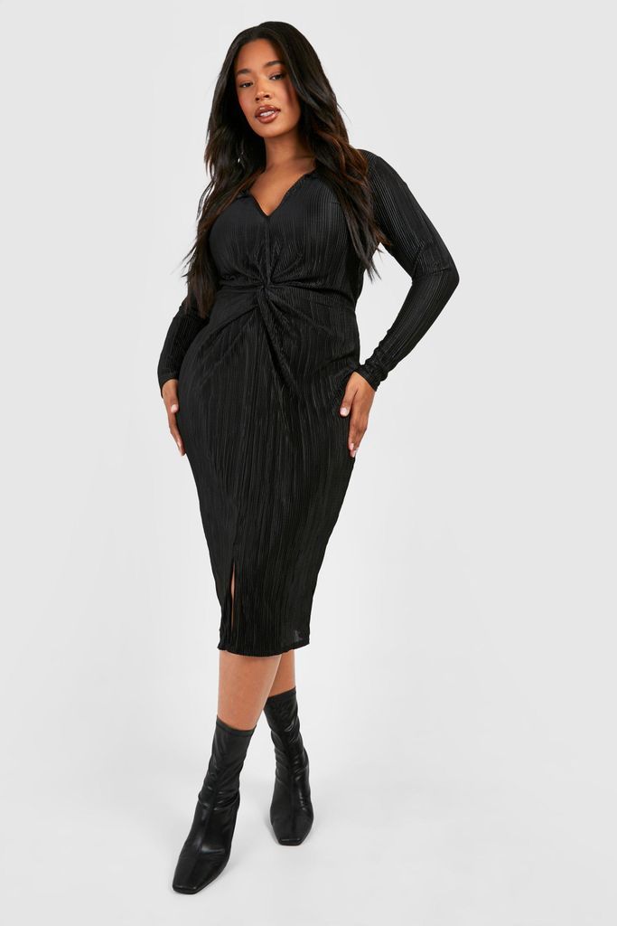 Womens Plus Plisse Twist Front Midi Shirt Dress - Black - 16, Black