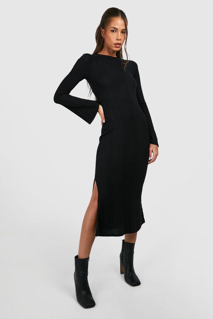 Womens Textured Rib Flare Sleeve Split Leg Midi Dress - Black - 8, Black