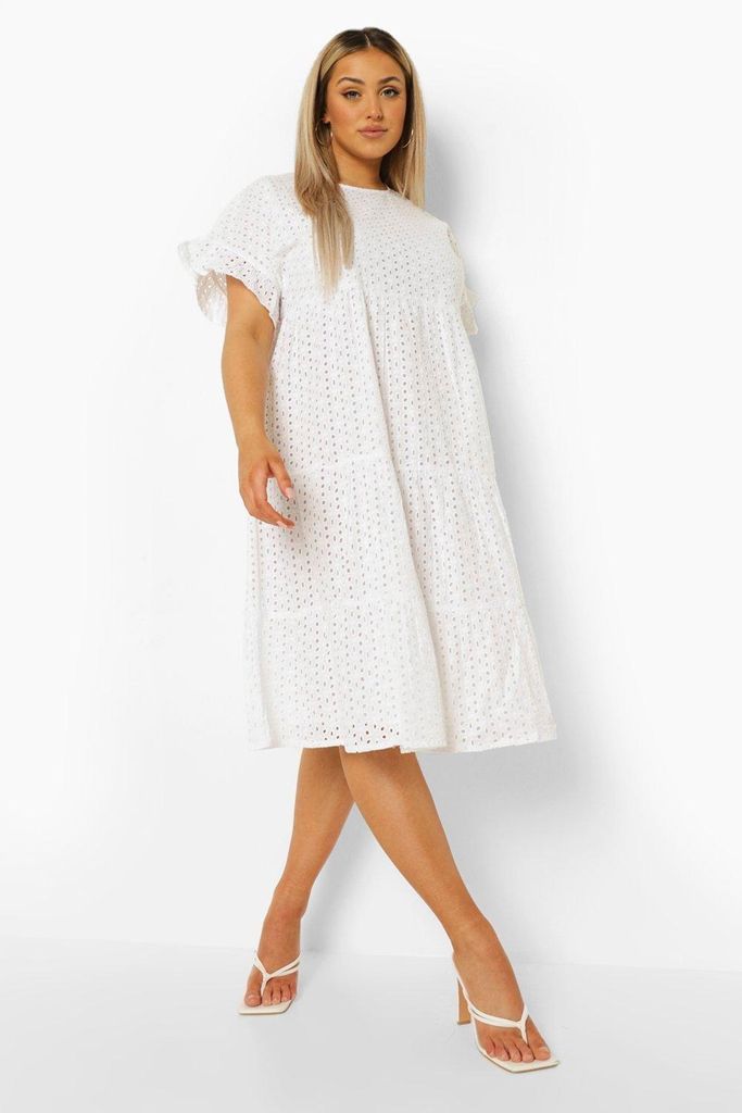 Womens Plus Broderie Anglaise Tiered Midi Dress - White - 26, White