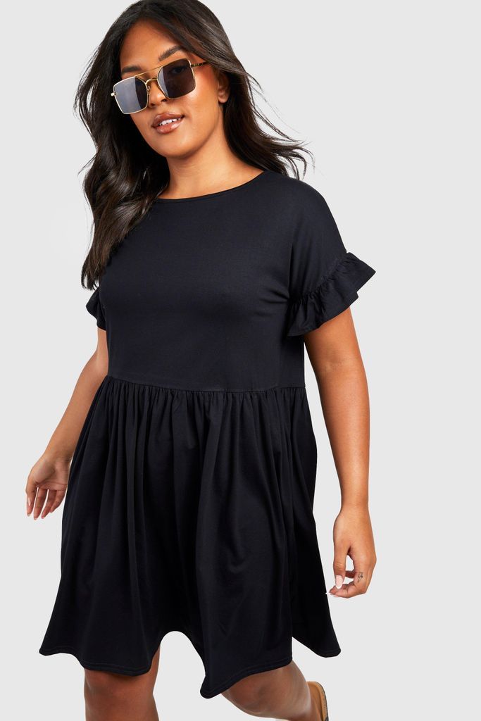Womens Plus Jersey Ruffle Sleeve Smock Dress - Black - 26, Black