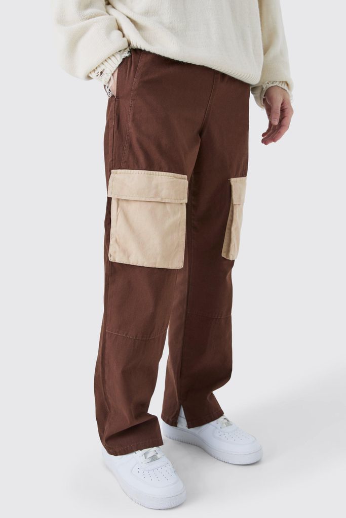 Men's Elastic Waist Twill Contrast Pocket Trouser - Brown - S, Brown