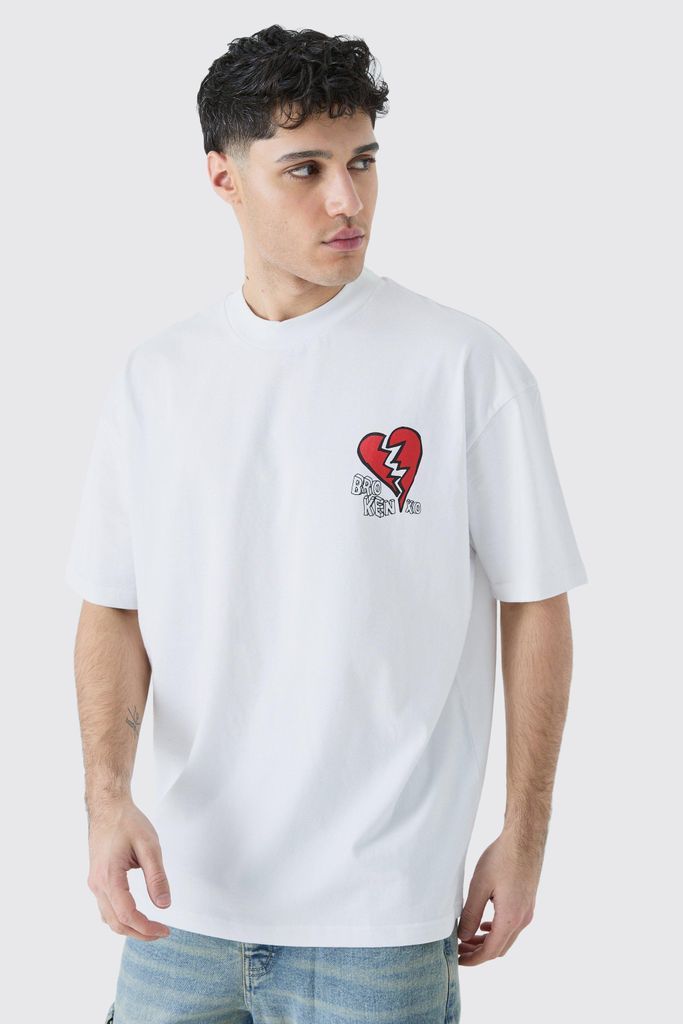 Men's Oversized Broken Hearts T-Shirt - White - S, White