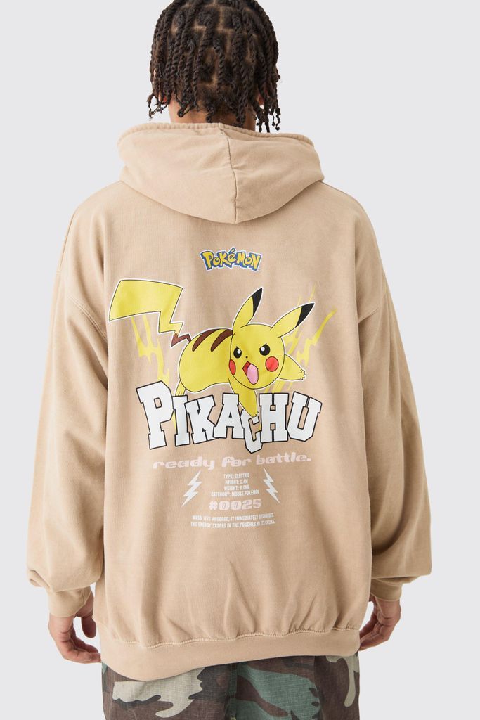 Men's Oversized Overdye Pokemon Pikachu License Hoodie - Beige - S, Beige