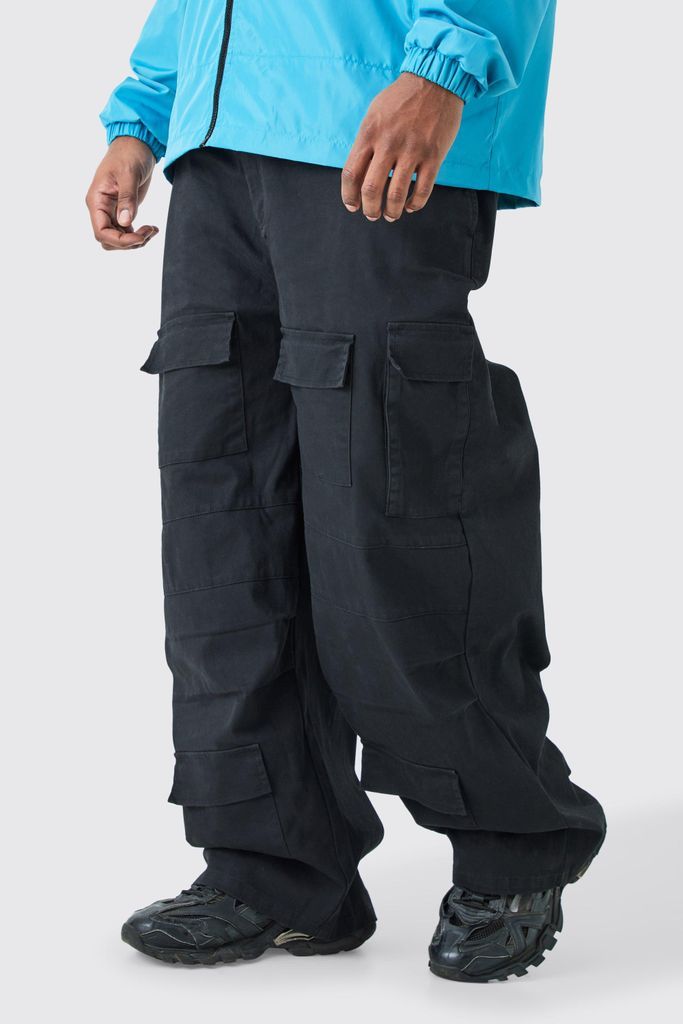 Men's Plus Fixed Waist Wide Leg Twill Cargo Trouser - Black - 38, Black