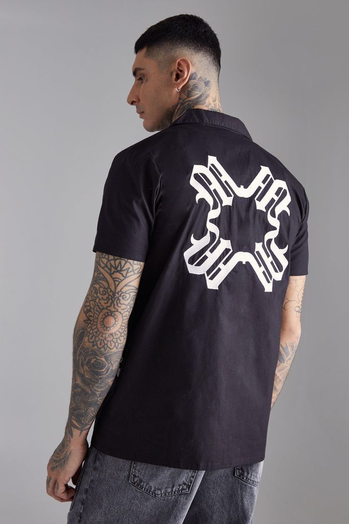 Men's Tall Short Sleeve Drop Revere Back Embroidered Shirt - Black - S, Black