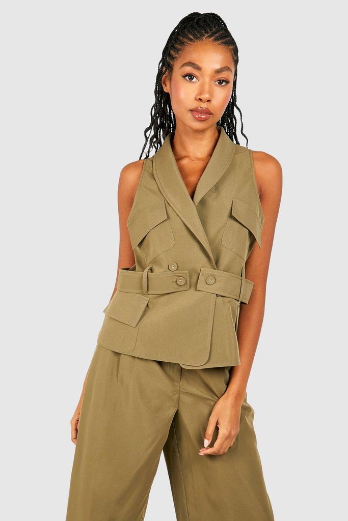 Womens Cargo Tab Detail Plunge Front Waistcoat - Green - 6, Green