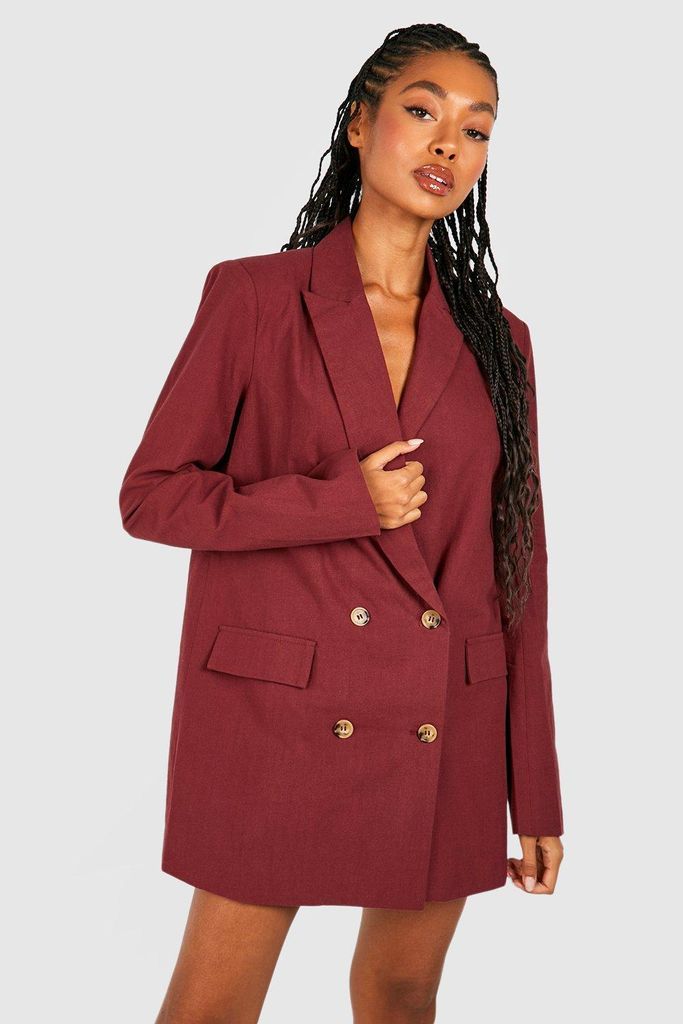 Womens Linen Double Breasted Oversized Blazer Dress - Red - 8, Red