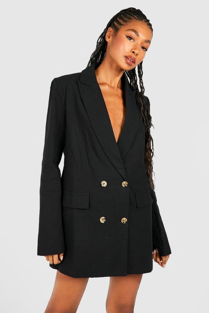 Womens Linen Double Breasted Oversized Blazer Dress - Black - 8, Black