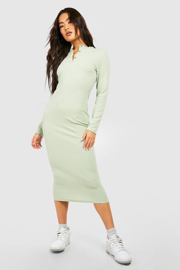 Womens Long Sleeve Button Detail Midaxi Dress - Green - 10, Green