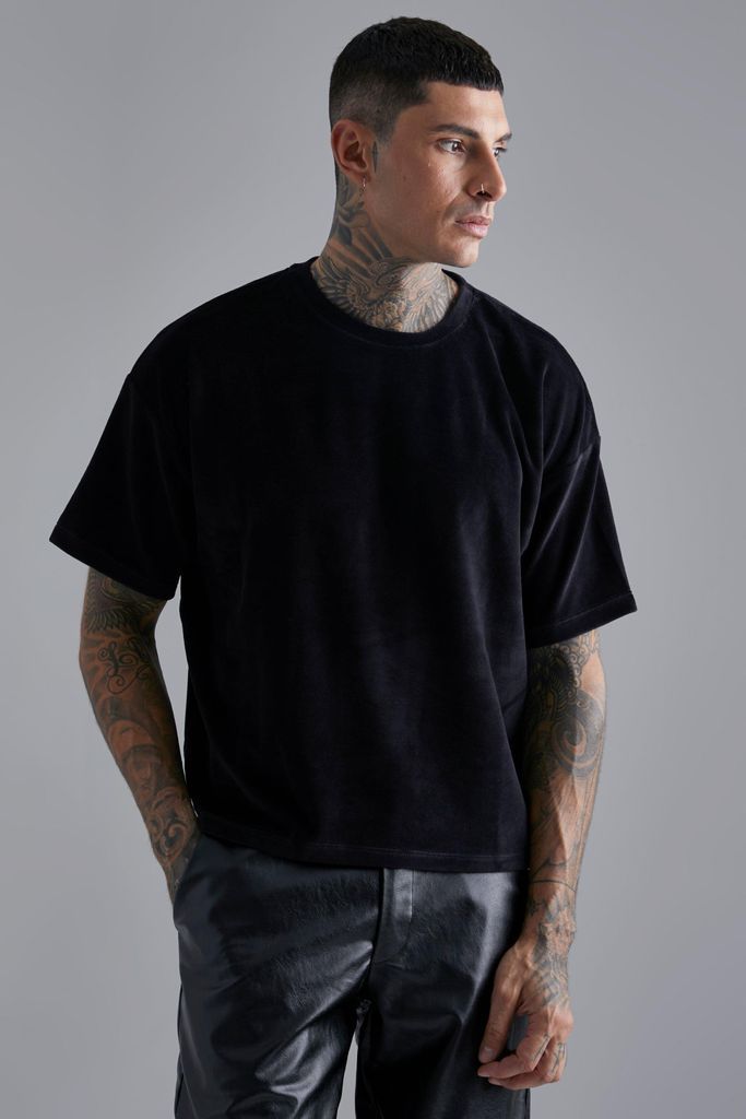 Men's Oversized Boxy Velour T-Shirt - Black - L, Black