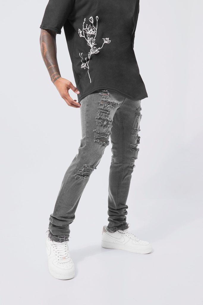 Men's Skinny Stretch Stacked Jeans With Rips - Grey - 30R, Grey