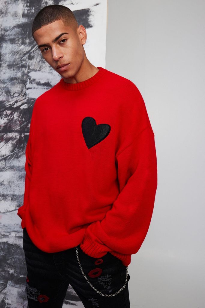 Men's Oversized Distressed Hem And Heart Detail Jumper - Red - S, Red
