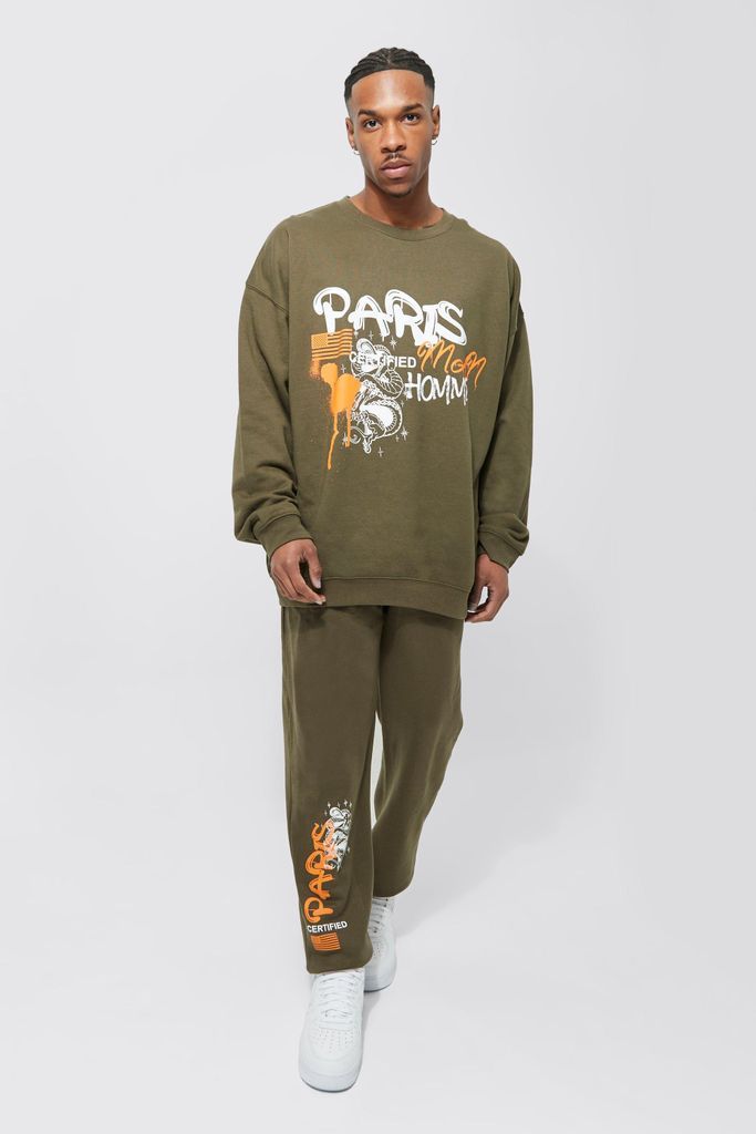 Men's Oversized Paris Graphic Sweatshirt Tracksuit - Green - M, Green