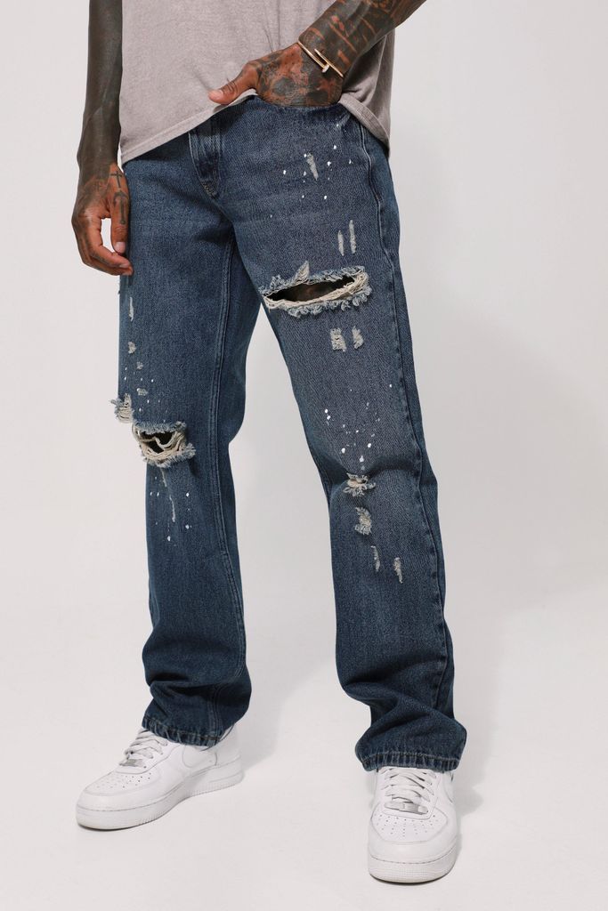 Men's Relaxed Rigid Ripped Paint Splatter Jeans - Grey - 36R, Grey