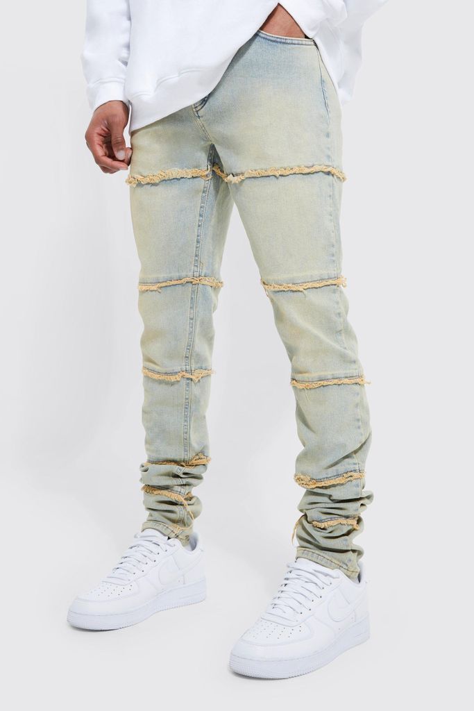 Men's Skinny Stacked Frayed Panelled Jeans - Blue - 32R, Blue