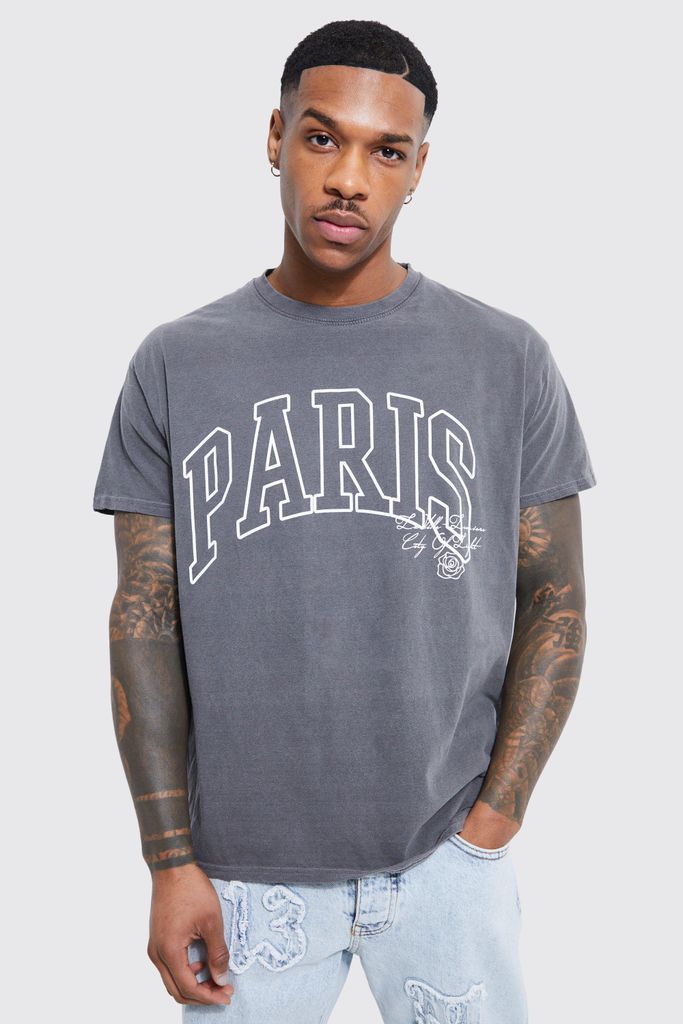 Men's Acid Wash Paris Varsity Graphic Boxy T-Shirt - Grey - L, Grey
