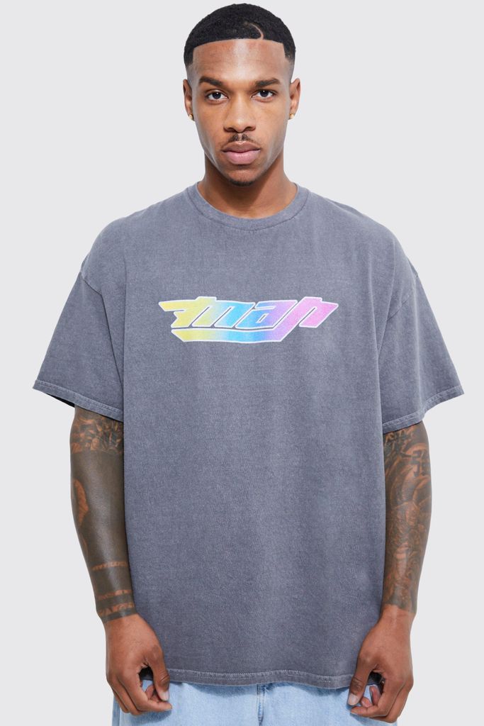 Men's Boxy Overdyed Moto Ombre Man Branded T-Shirt - Grey - S, Grey