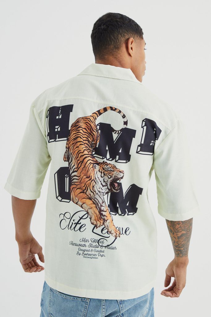 Men's Dropped Revere Slub Tiger Back Print Shirt - Cream - S, Cream