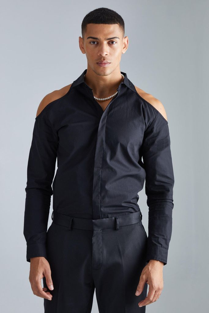 Men's Concealed Placket Shoulder Cut Out Shirt - Black - S, Black