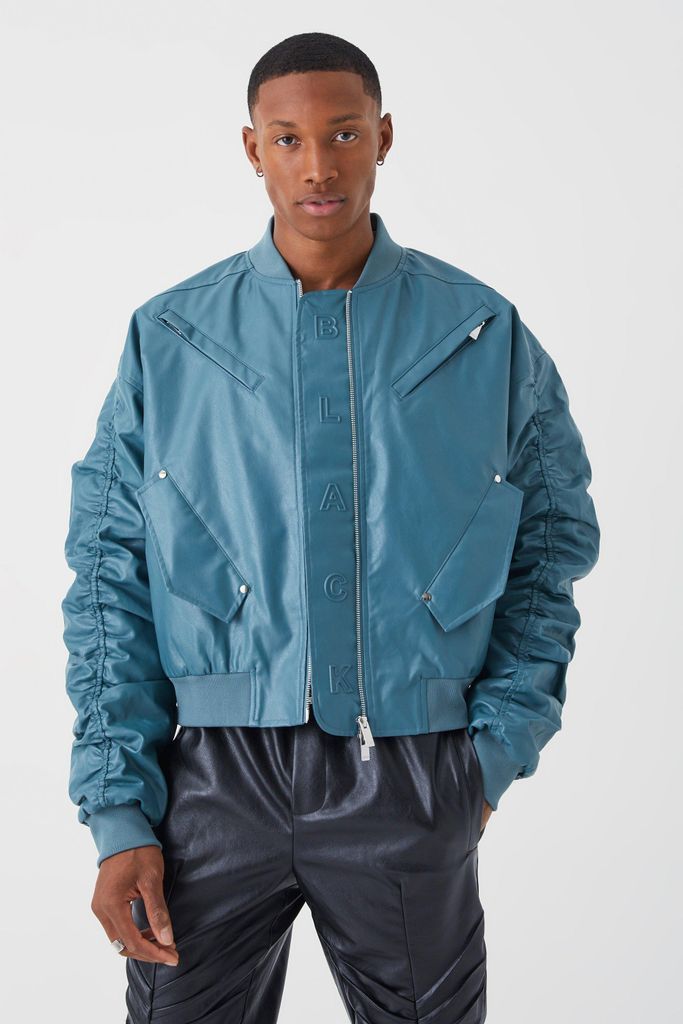 Men's Boxy Embossed Pu Bomber With Ruching - Green - S, Green