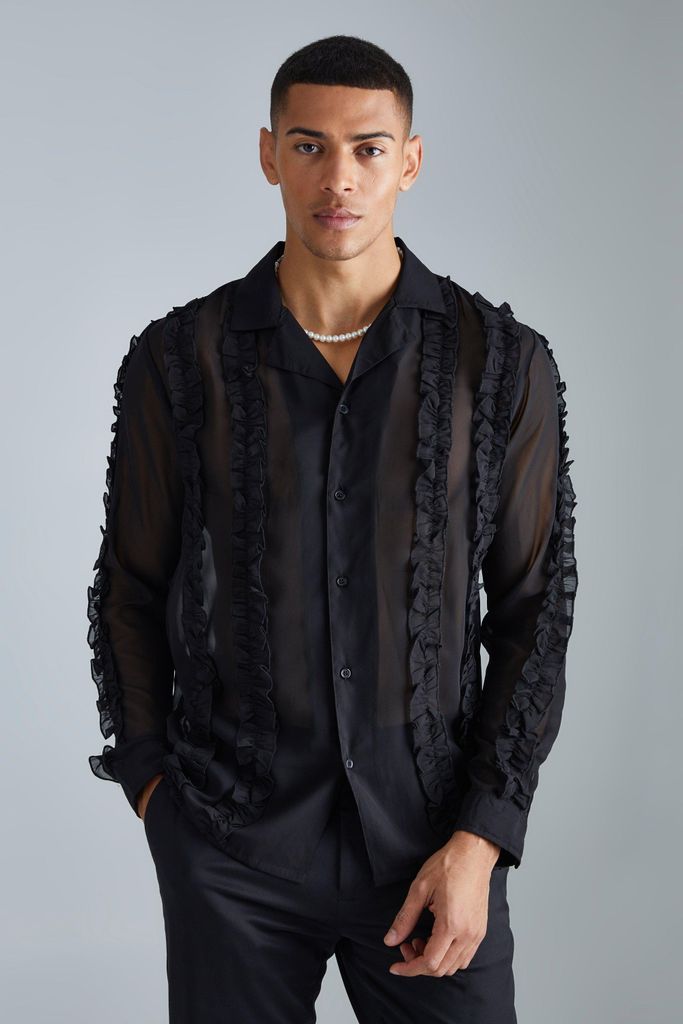 Men's Long Sleeve Sheer Ruffle Shirt - Black - S, Black