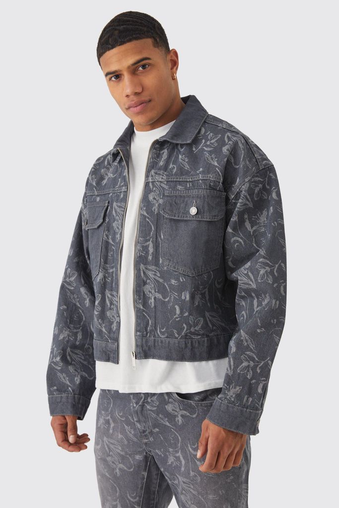 Men's Boxy Fit Zip Through Laser Print Denim Jacket - Grey - S, Grey