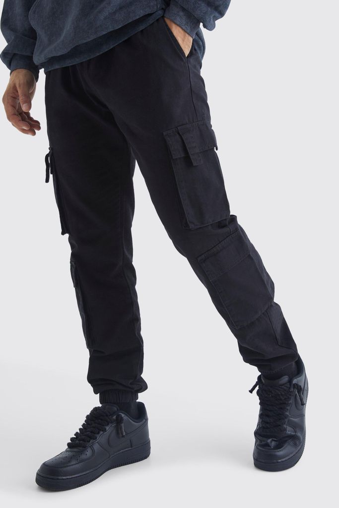 Men's Elastic Waist Multi Cargo Pocket Slim Fit Jogger - Black - S, Black