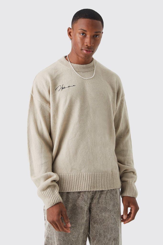 Men's Boxy Homme Extended Neck Brushed Rib Knit Jumper - Beige - S, Beige