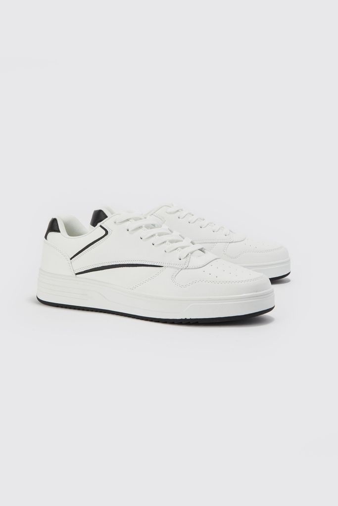 Men's Faux Leather Perforated Detail Trainer - White - 7, White