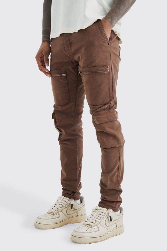 Men's Fixed Waist Skinny Multi Zip Cargo Trouser - Brown - 28, Brown
