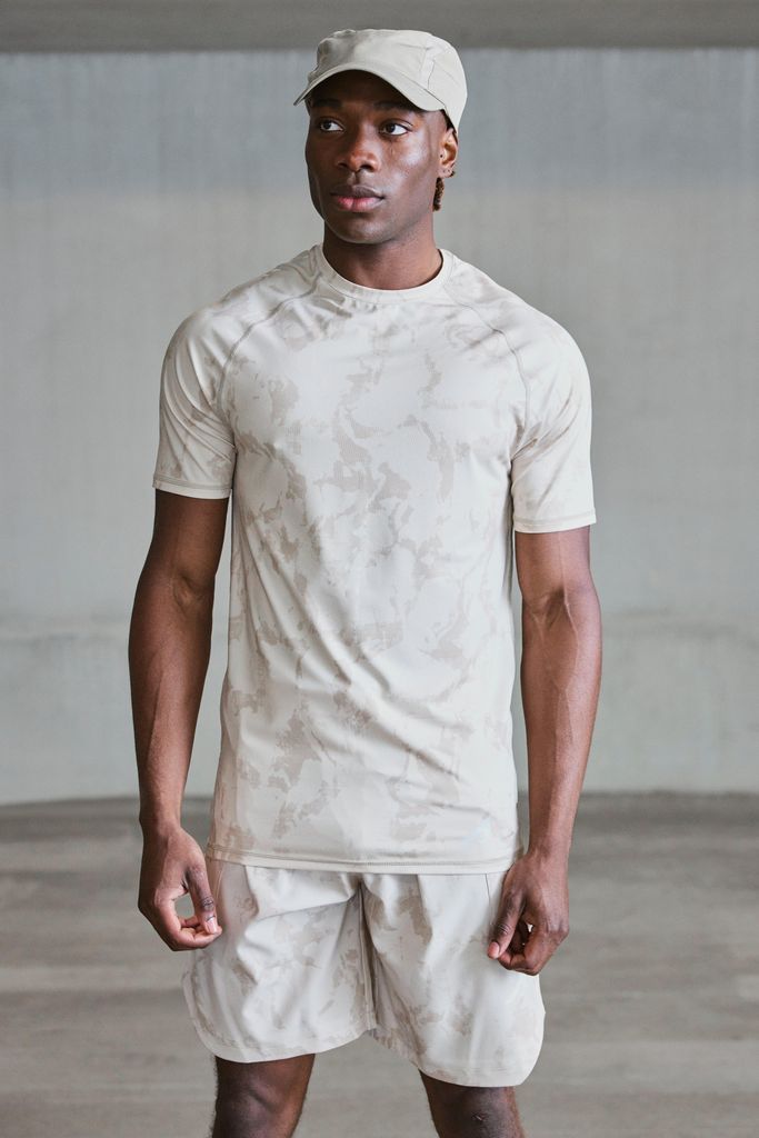 Men's Active Matte Muscle Acid Wash Print T-Shirt - Beige - S, Beige