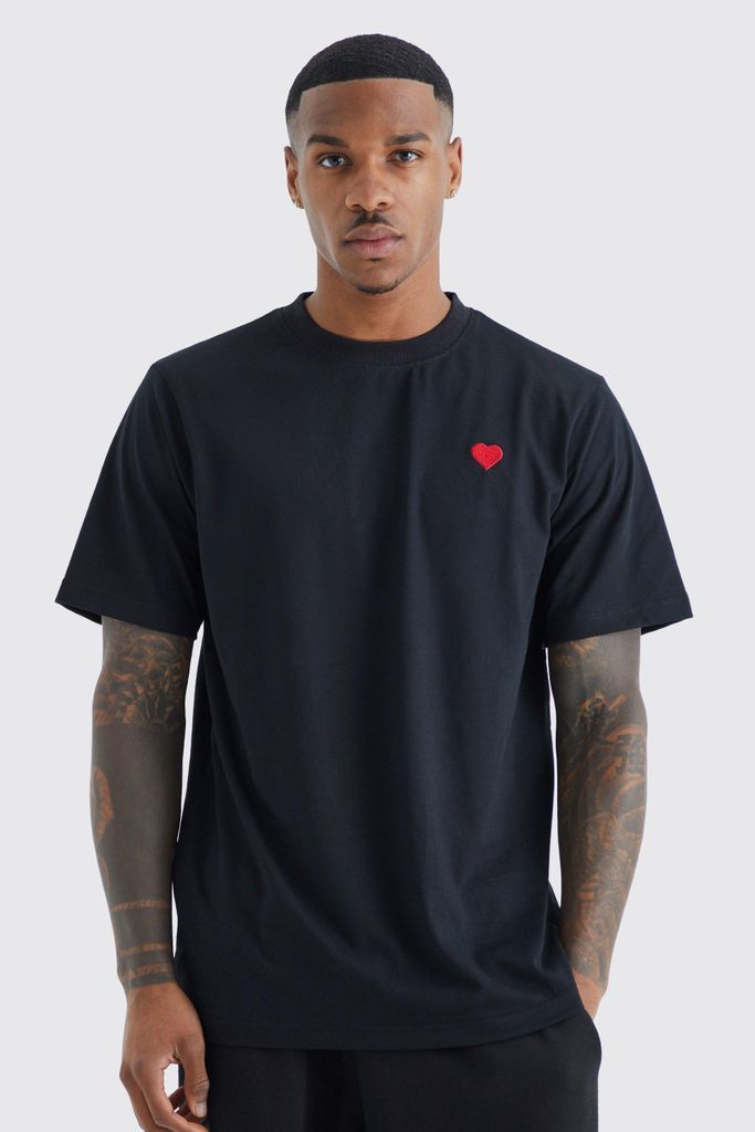 Men's Heart Embroidered T-Shirt - Black - S, Black