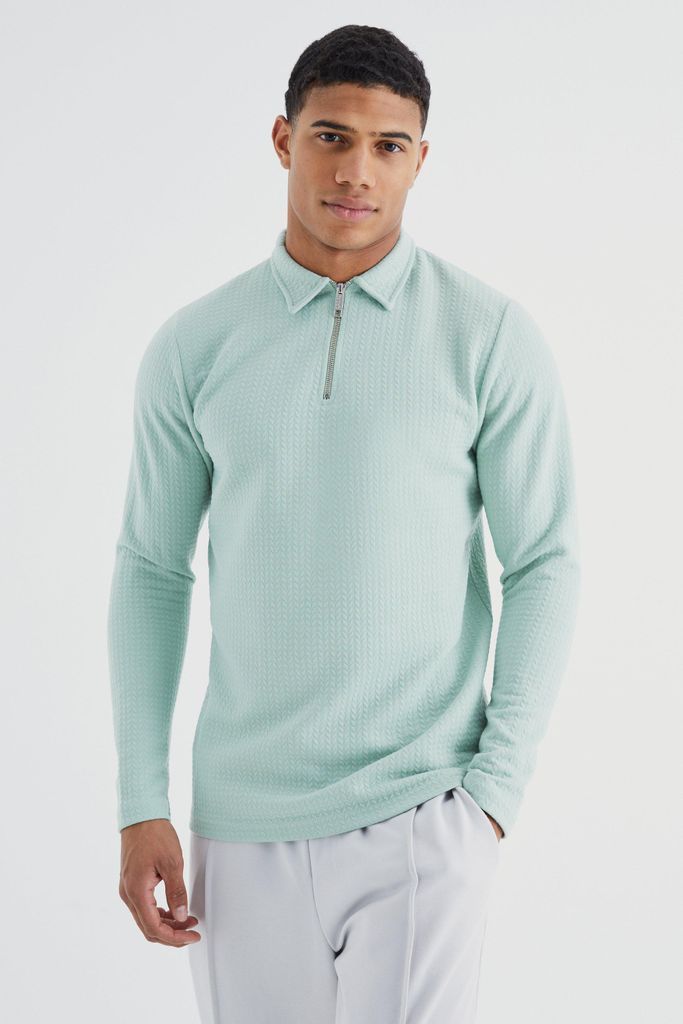 Men's Long Sleeve Slim Cable Textured Polo - Green - S, Green