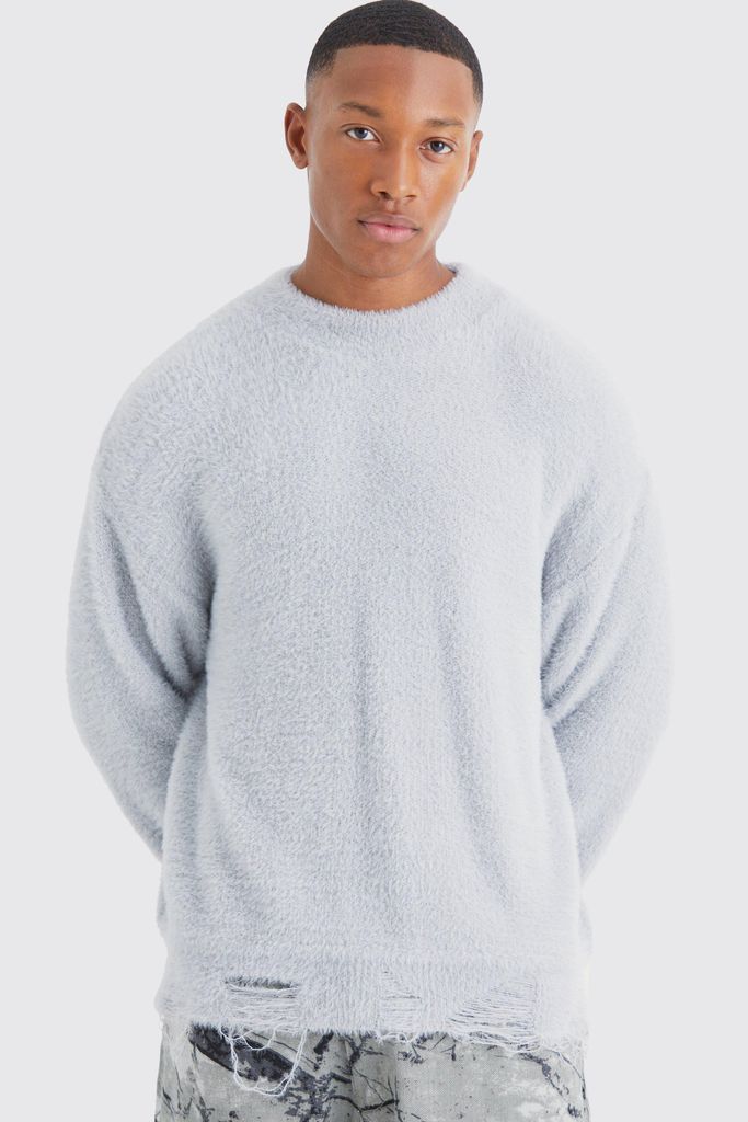 Men's Boxy Distressed Fluffy Knitted Jumper - Grey - S, Grey