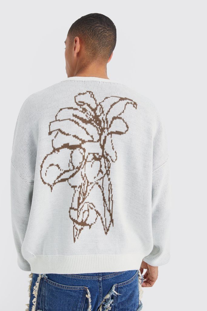 Men's Boxy Line Graphic Flower Knitted Jumper - Cream - S, Cream