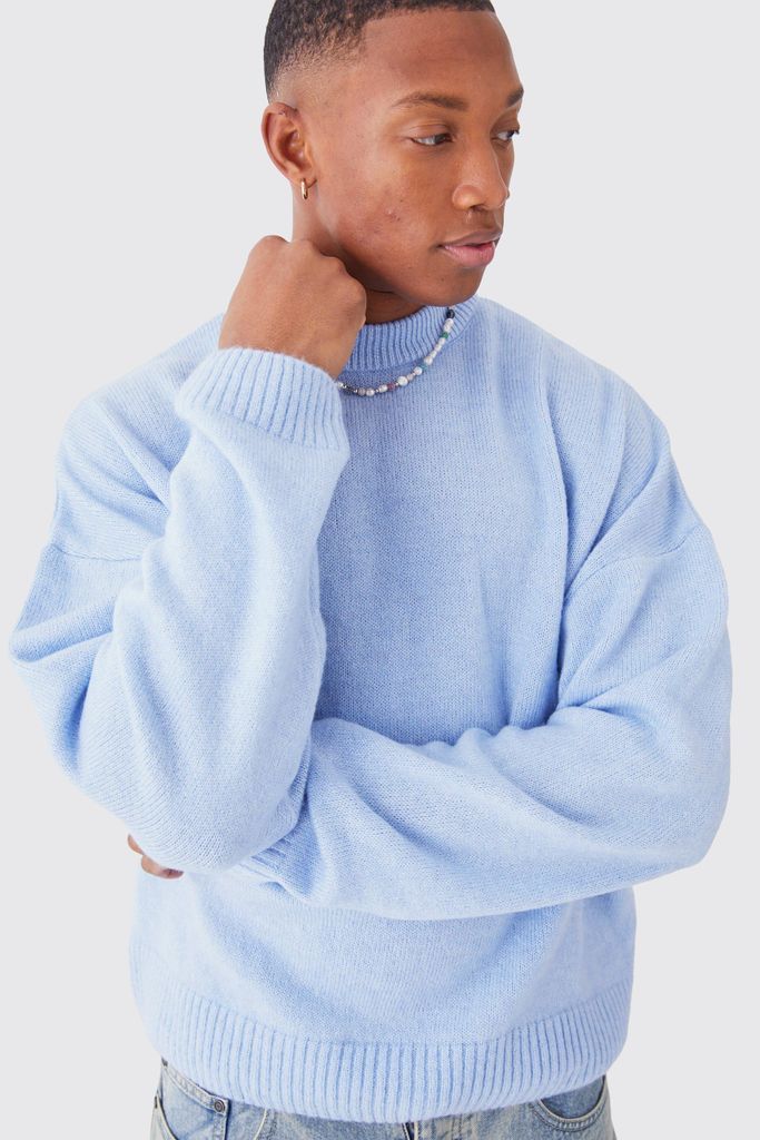 Men's Boxy Brushed Extended Neck Knitted Jumper - Blue - S, Blue