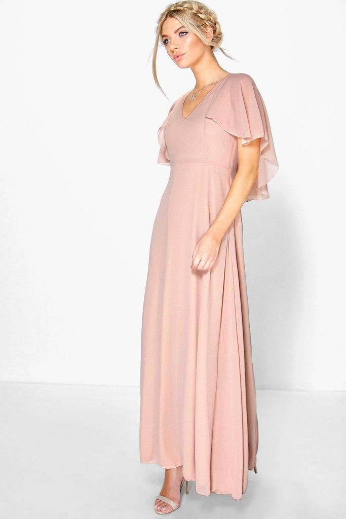 Womens Chiffon Cape Sleeve Maxi Bridesmaid Dress - Pink - 8, Pink