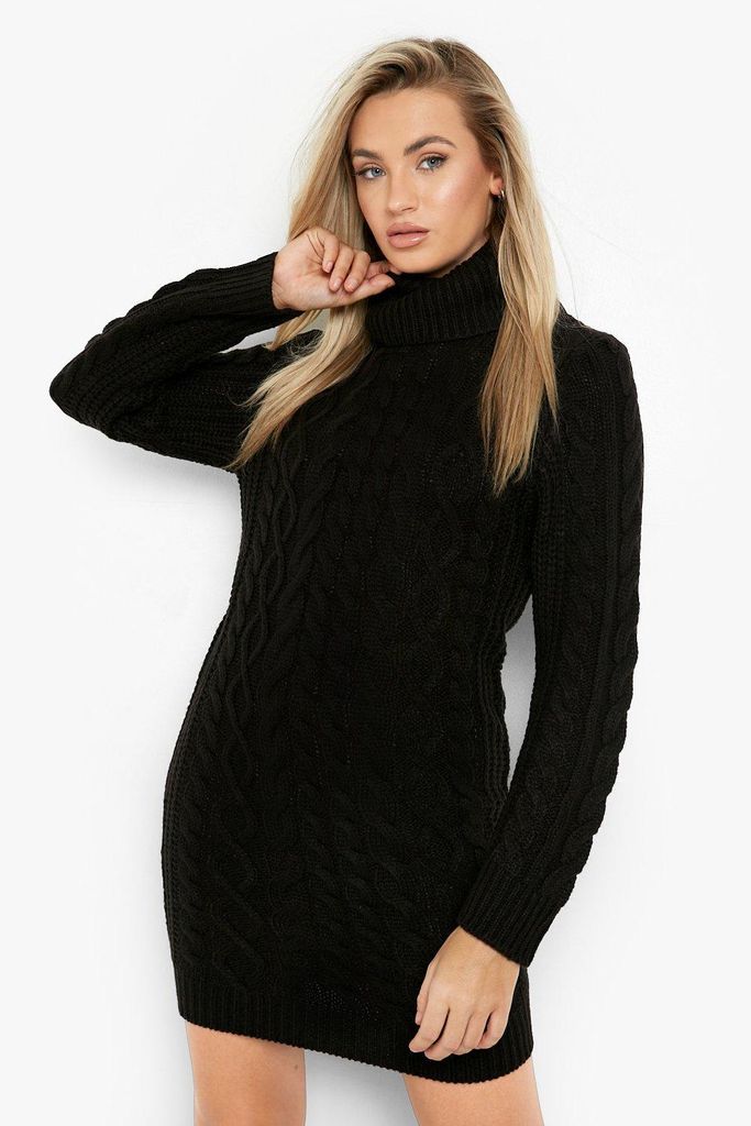 Womens Chunky Cable Roll Neck Jumper Dress - Black - S, Black