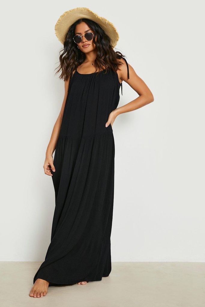 Womens Crinkle Strappy Maxi Beach Dress - Black - S, Black