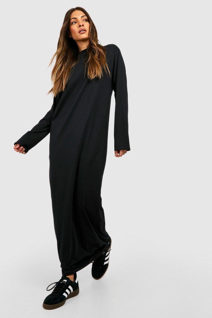 Womens Cotton Blend Long Sleeve Maxi T-Shirt Dress - Black - 10, Black