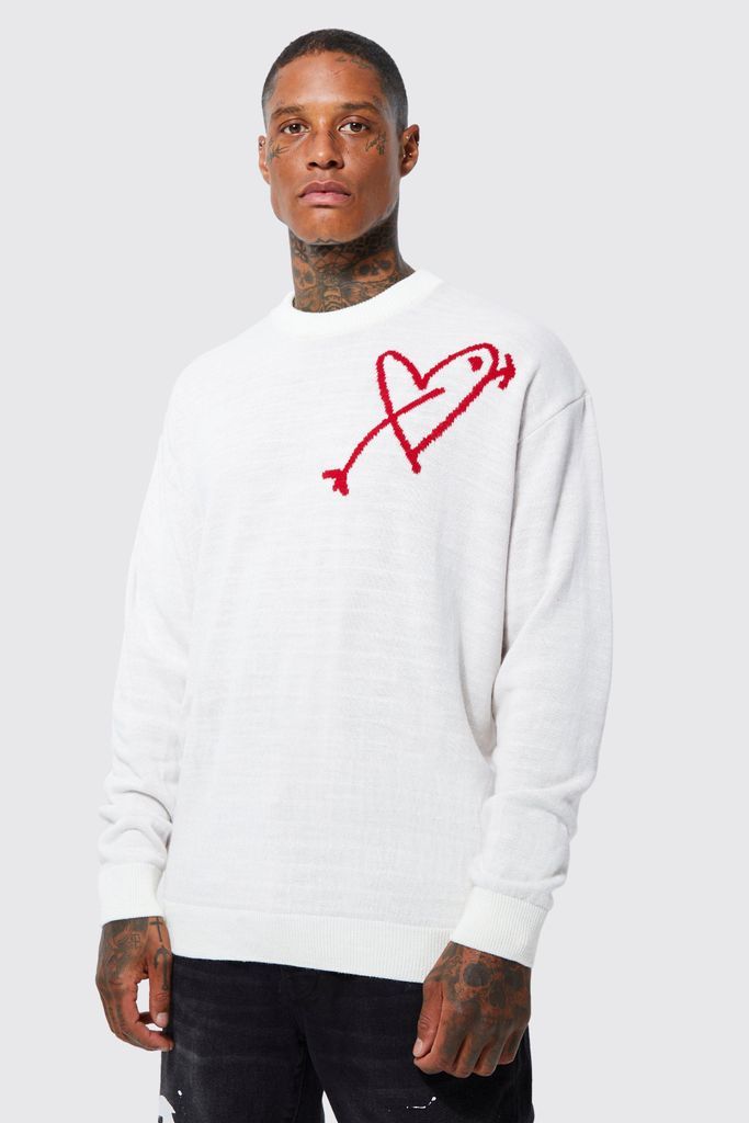 Men's Oversized Line Drawing Heart Knitted Jumper - Cream - M, Cream