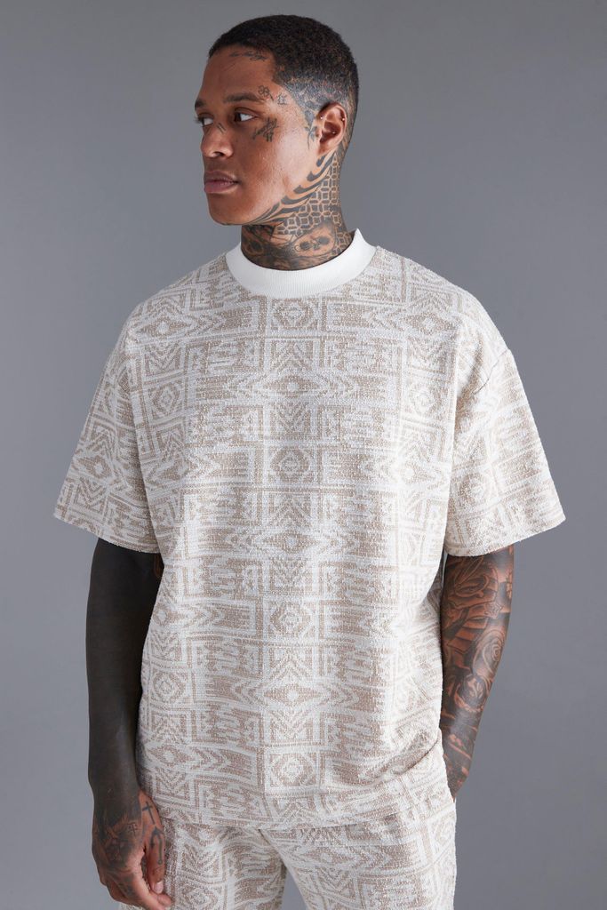 Men's Oversized Ex Neck Jacquard Aztec T-Shirt - Beige - S, Beige