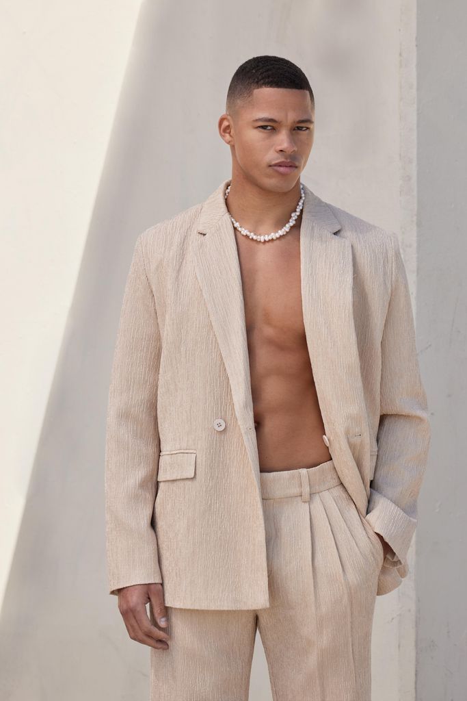 Men's Wrap Front Crinkle Relaxed Suit Jacket - Beige - 34, Beige