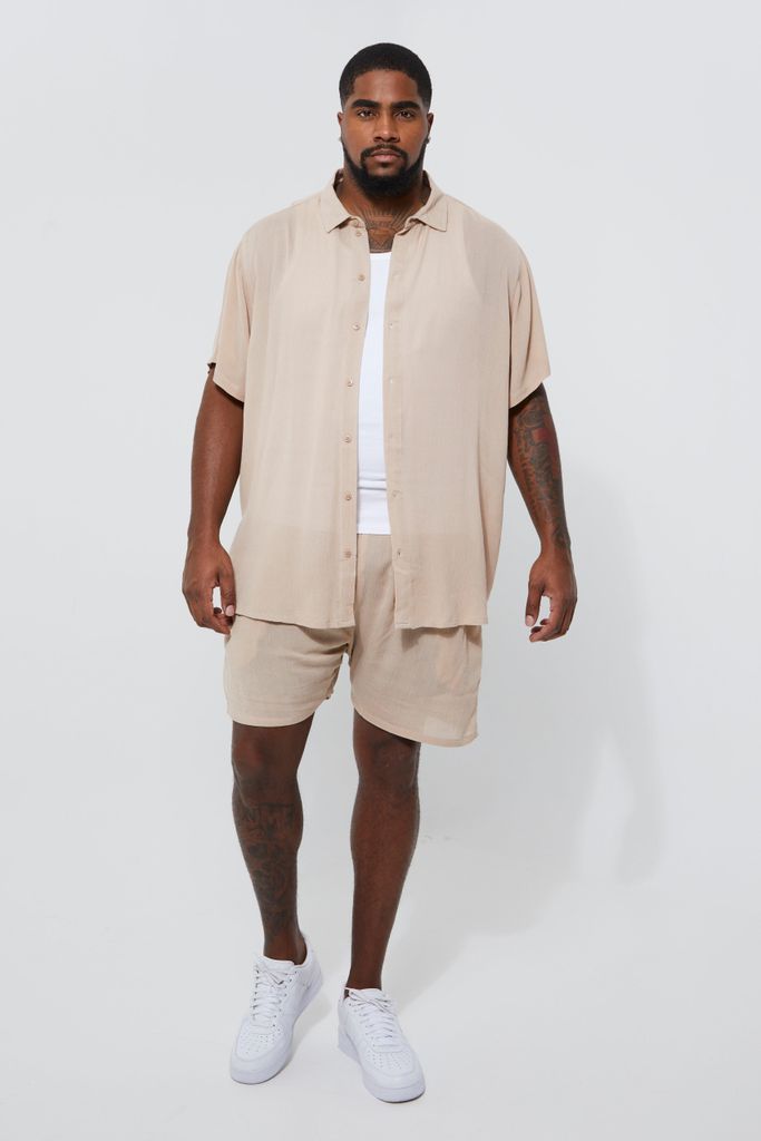 Men's Plus Short Sleeve Cheese Cloth Shirt And Short Set - Beige - Xxxl, Beige